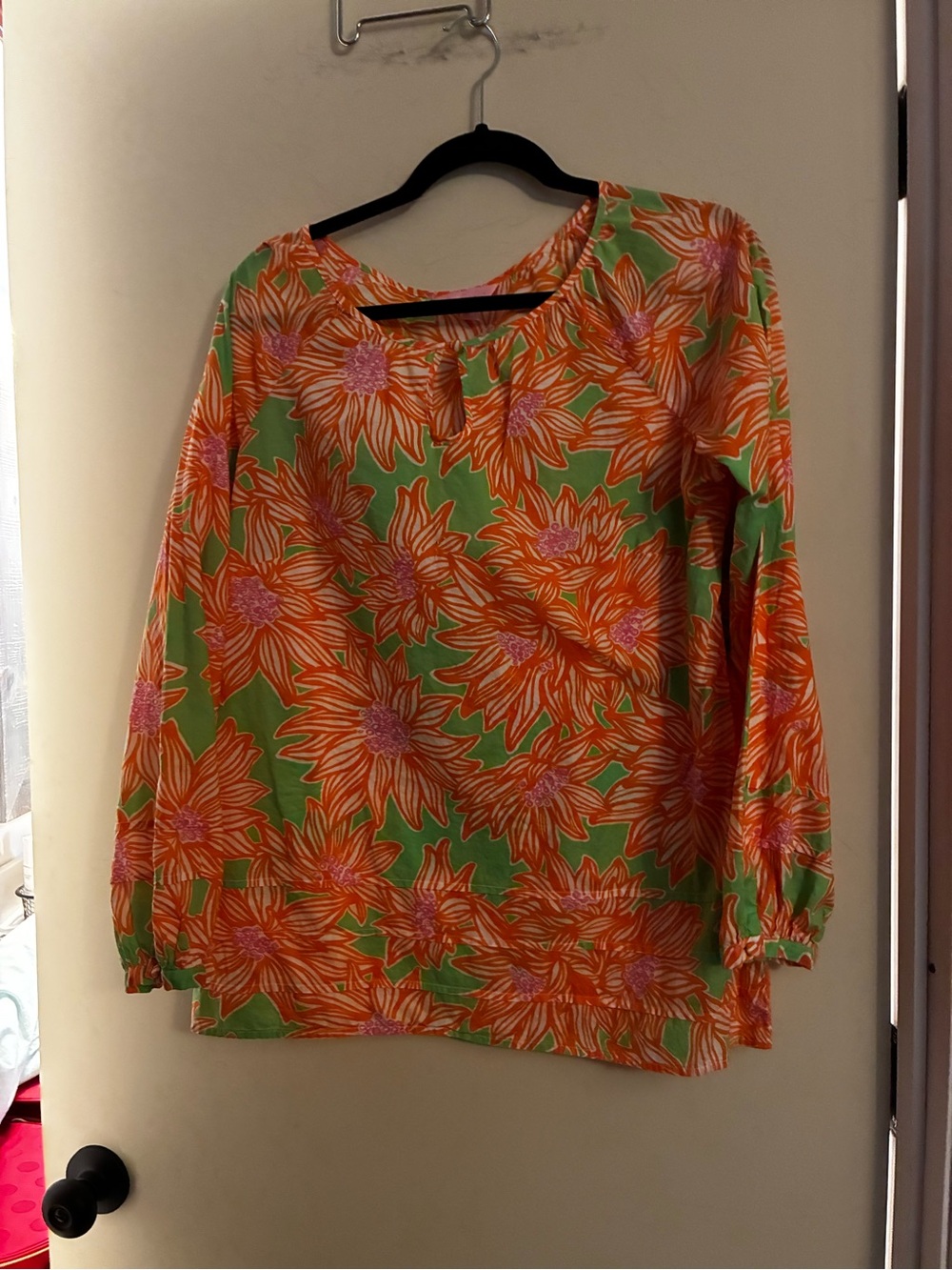 Lilly Pultizer Jemma Top Floral Long-Sleeve Scoop-Neck Top Green,Orange & White